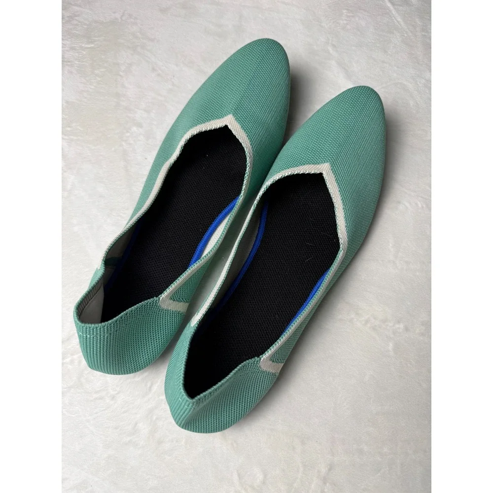 Mint Green Pointed Toe Knit Flats White Trim Slip On Shoes Size 42 Rothy's Dupe